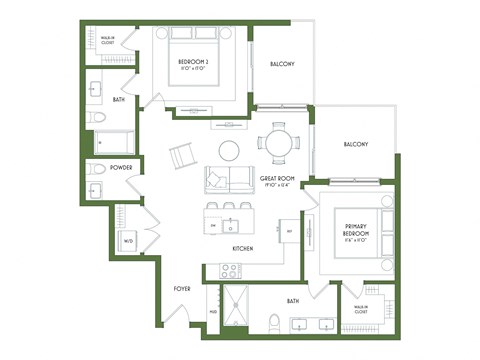 Floor plan for 2 beds, 2.5 baths, 1075 sqft